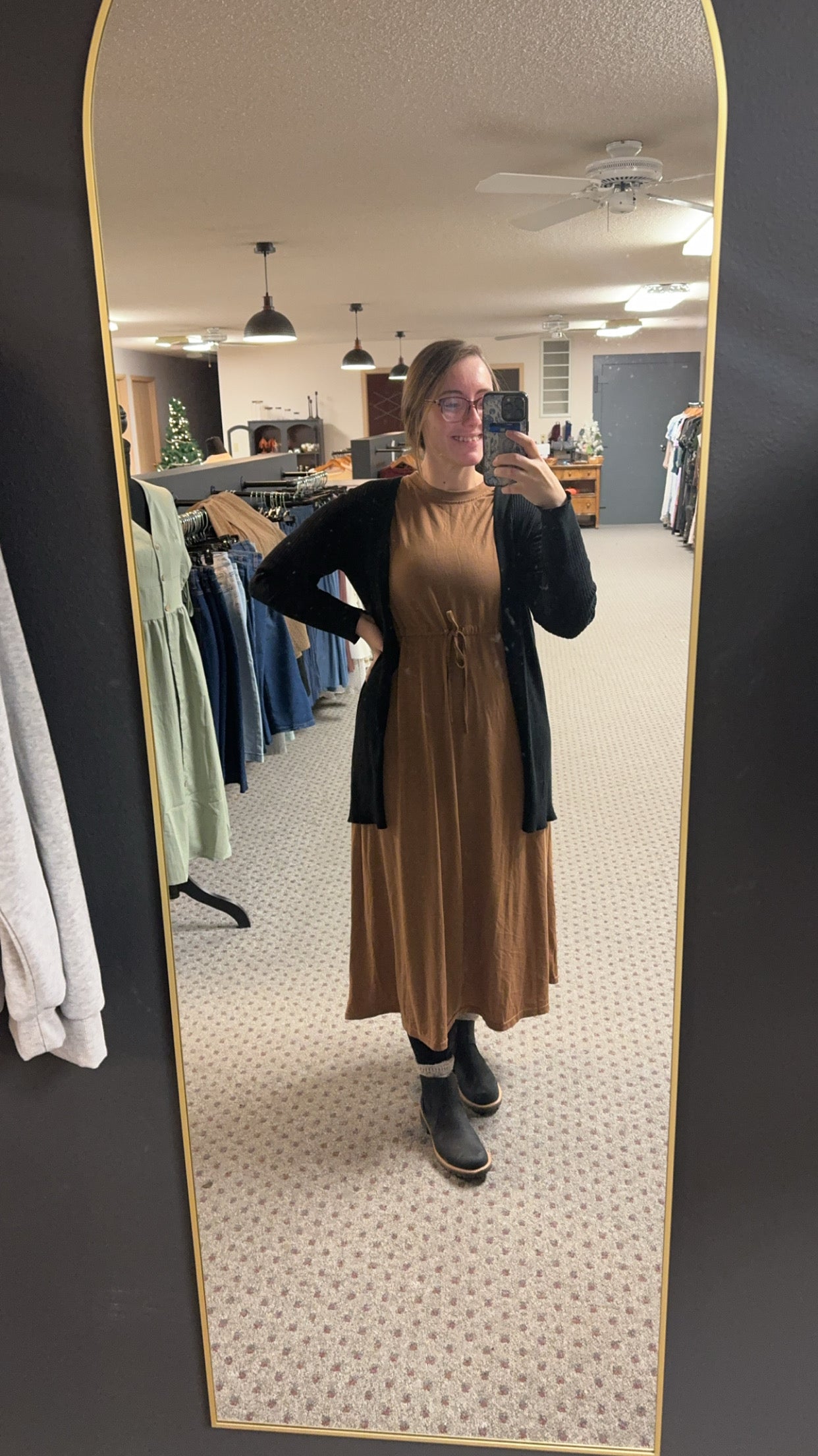 Camel Crewneck Tee Midi Dress