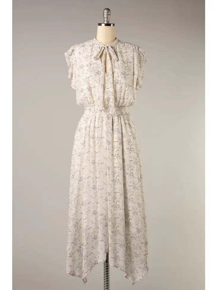 White Cinch Waist Floral Dress