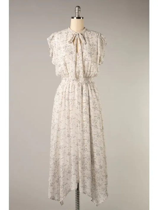 White Cinch Waist Floral Dress