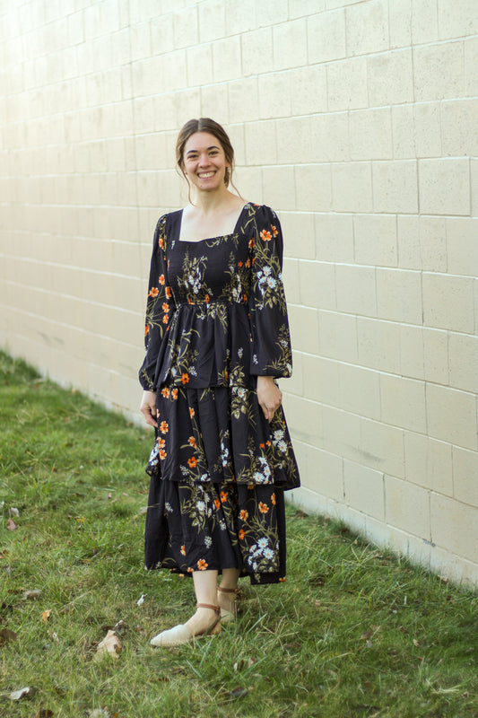 Smocked Floral Tiered Balloon Sleeve Midi Dress