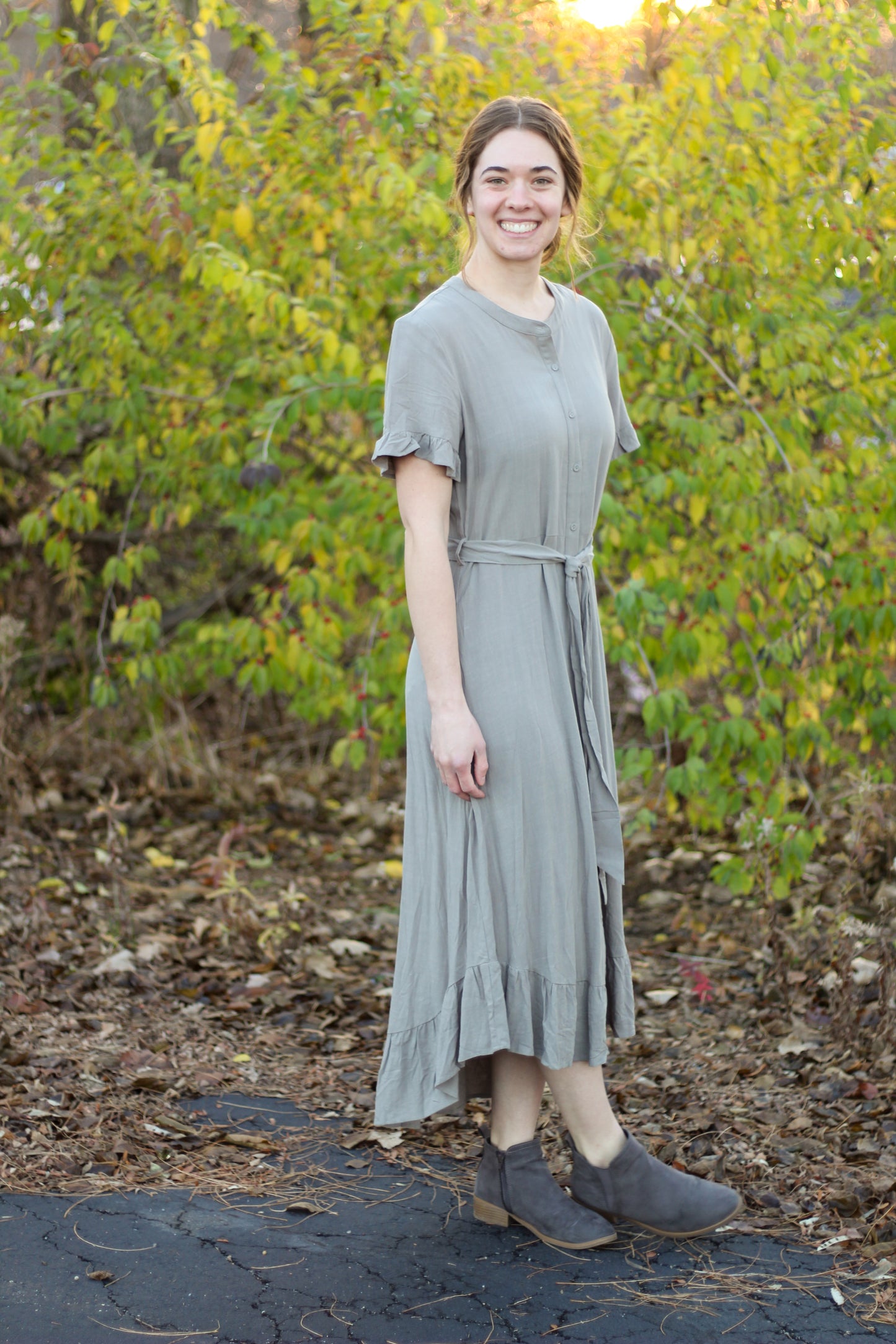 Linen Blend Button Front Ruffled Shirt Dress