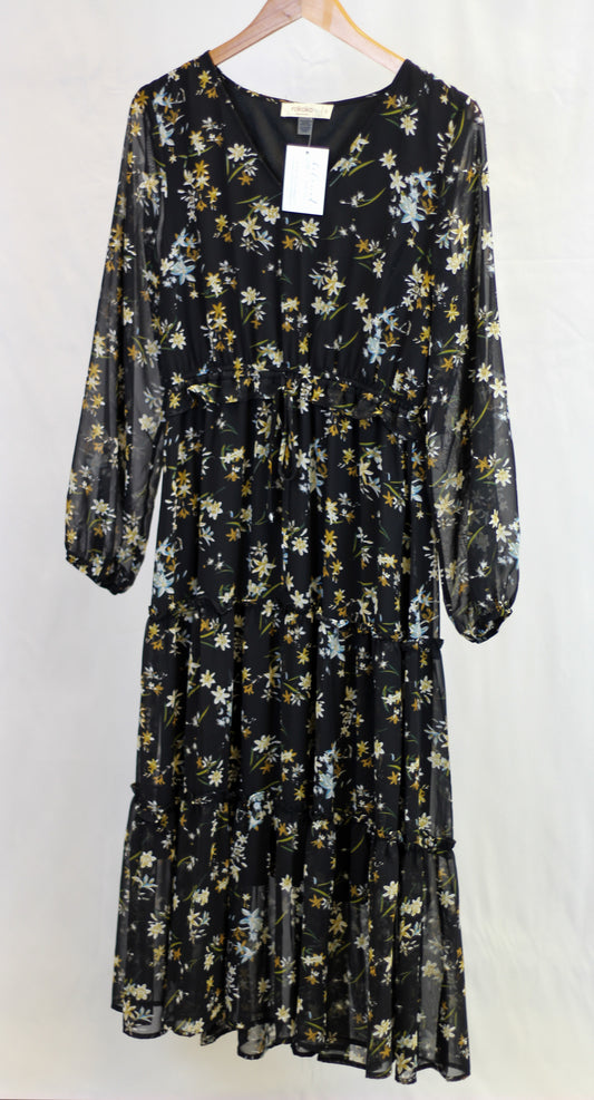 Long Sleeve Floral Cinch Waist Dress