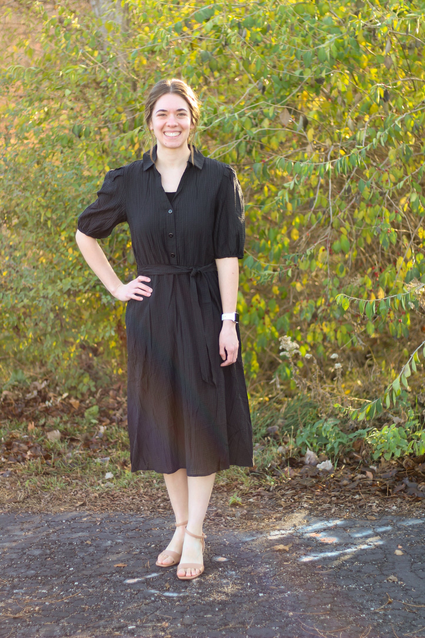 Black Midi V Neck Button Dress