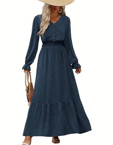 Navy Long Sleeve Swiss Dot Maxi Dress