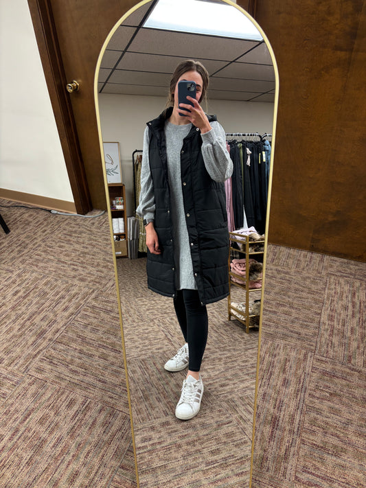 Long Puffer Hooded Vest