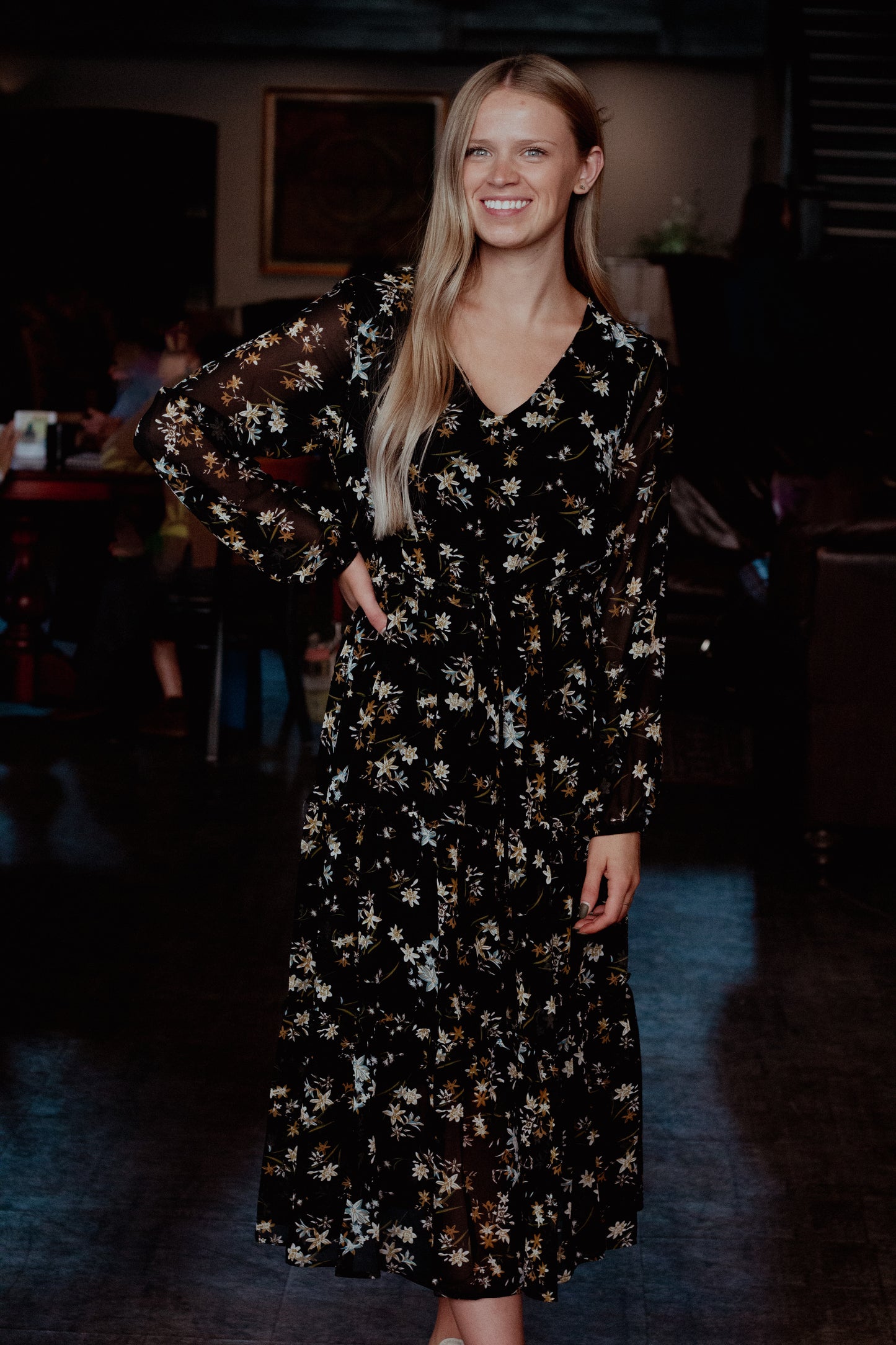 Long Sleeve Floral Cinch Waist Dress