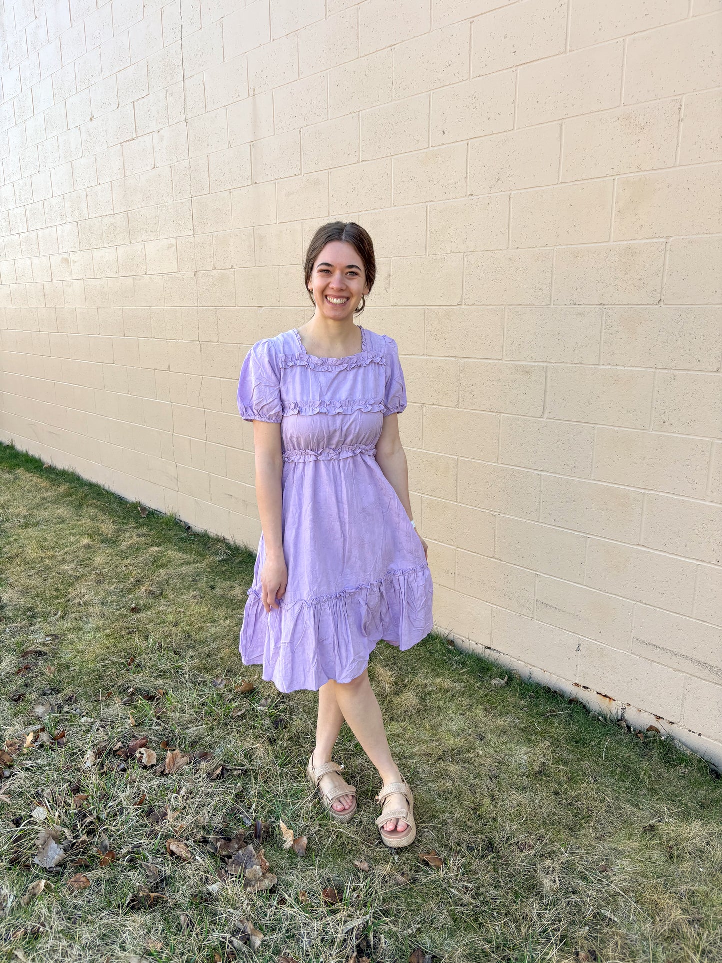 Lavender Square Neck Ruffle Dress