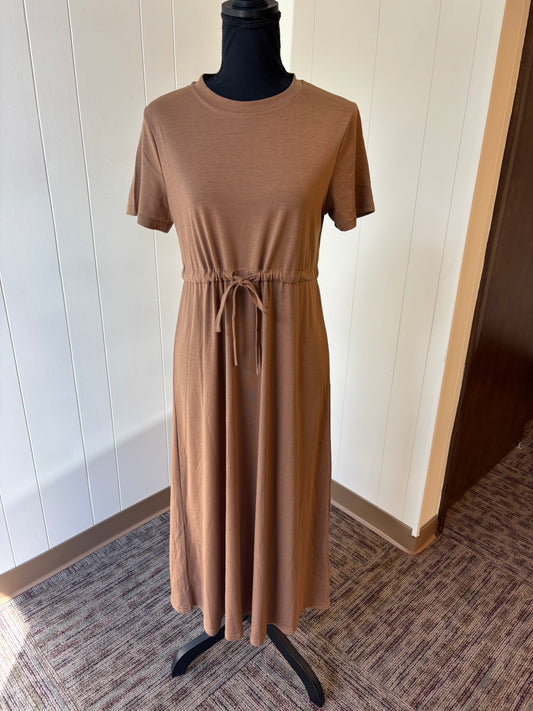 Camel Crewneck Tee Midi Dress