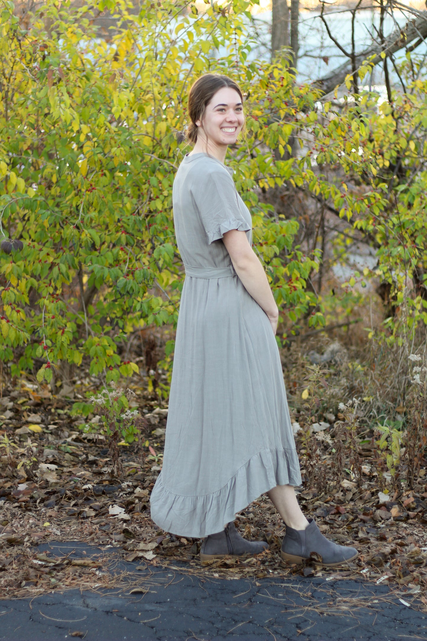 Linen Blend Button Front Ruffled Shirt Dress