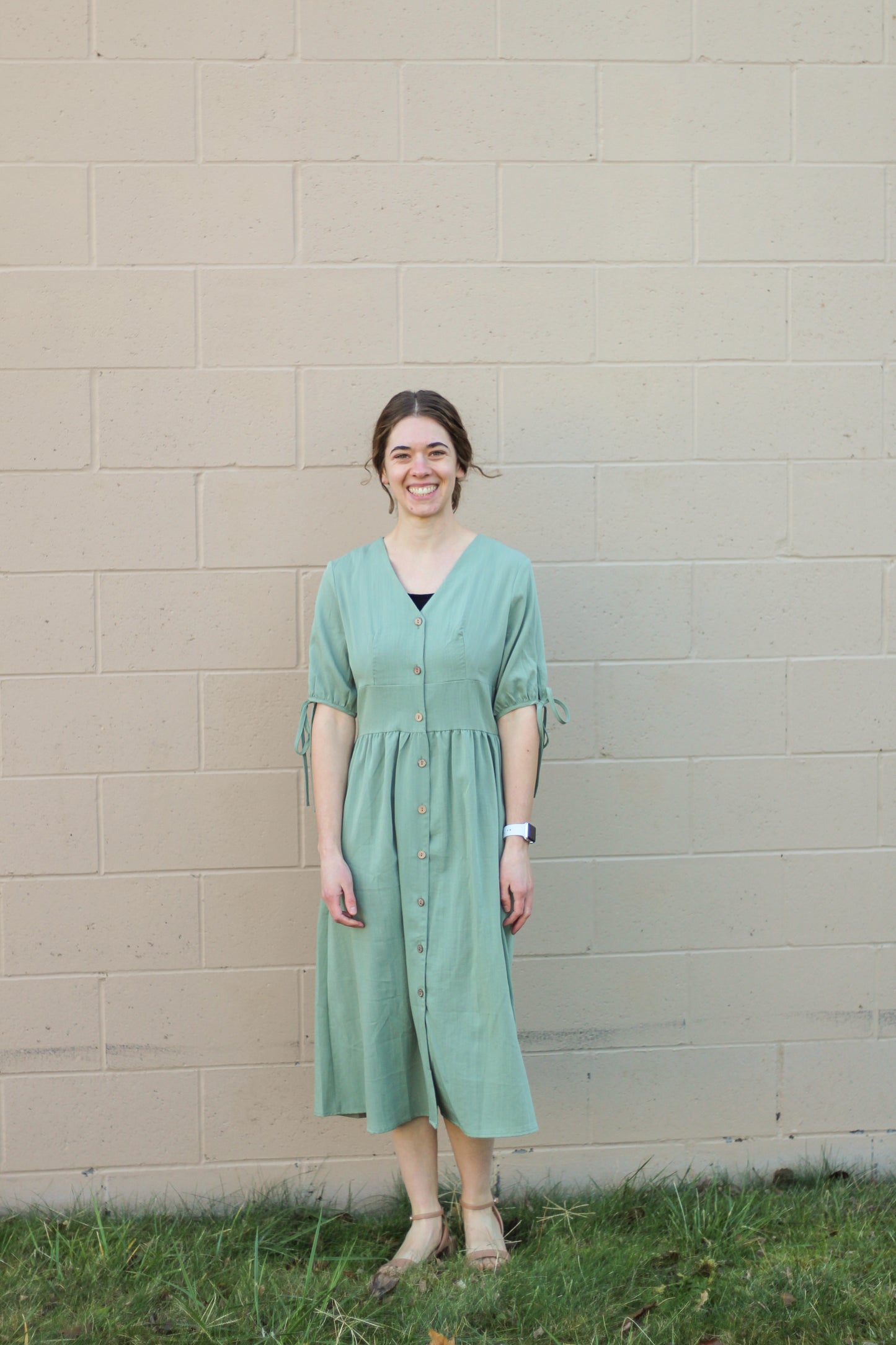 Sage Button V-Neck Linen Dress