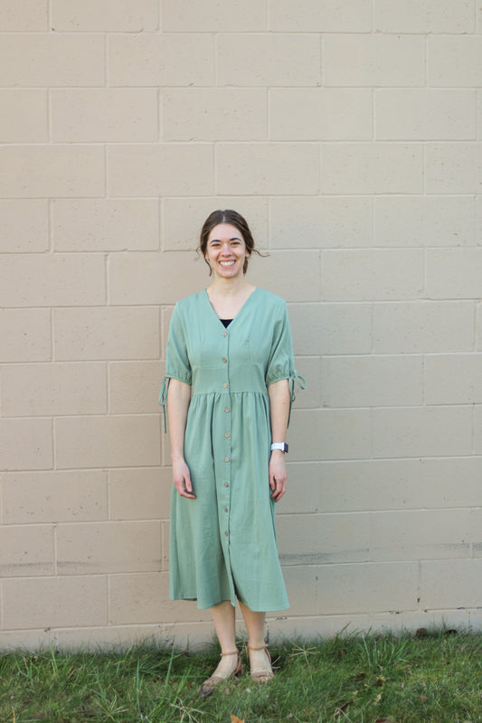 Sage Button V-Neck Linen Dress
