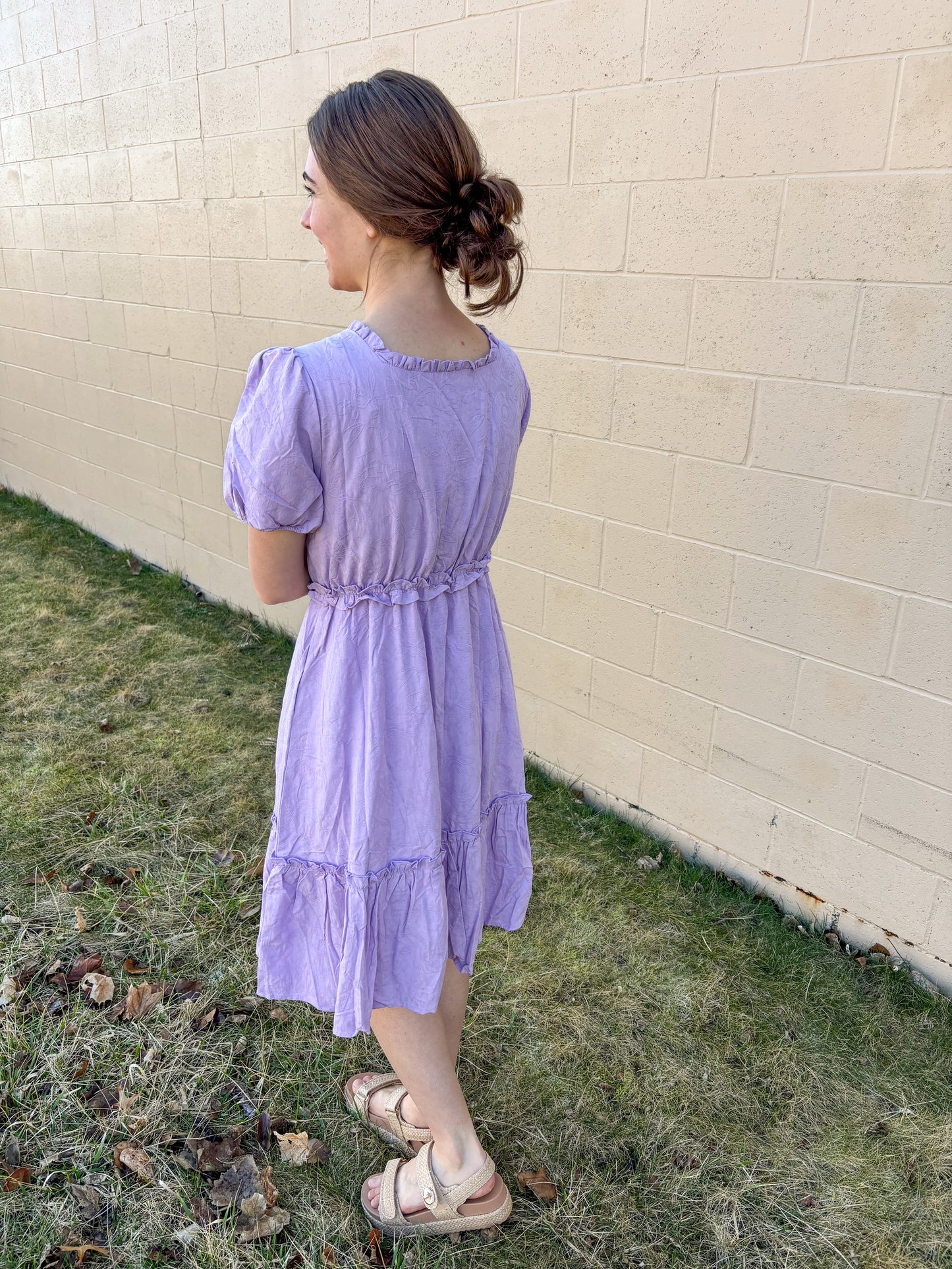 Lavender Square Neck Ruffle Dress