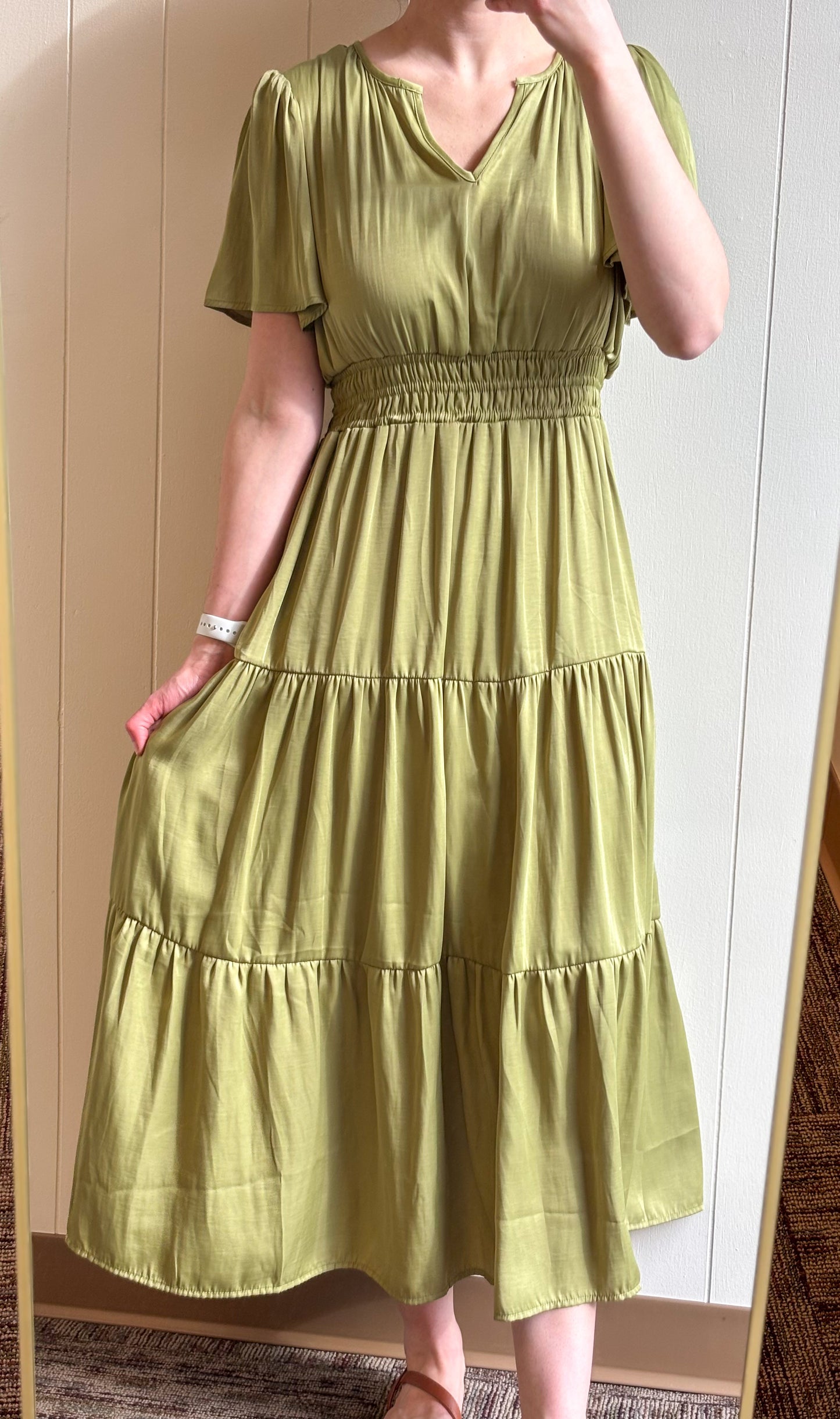 Split Neck Tiered Midi Dress- Olive