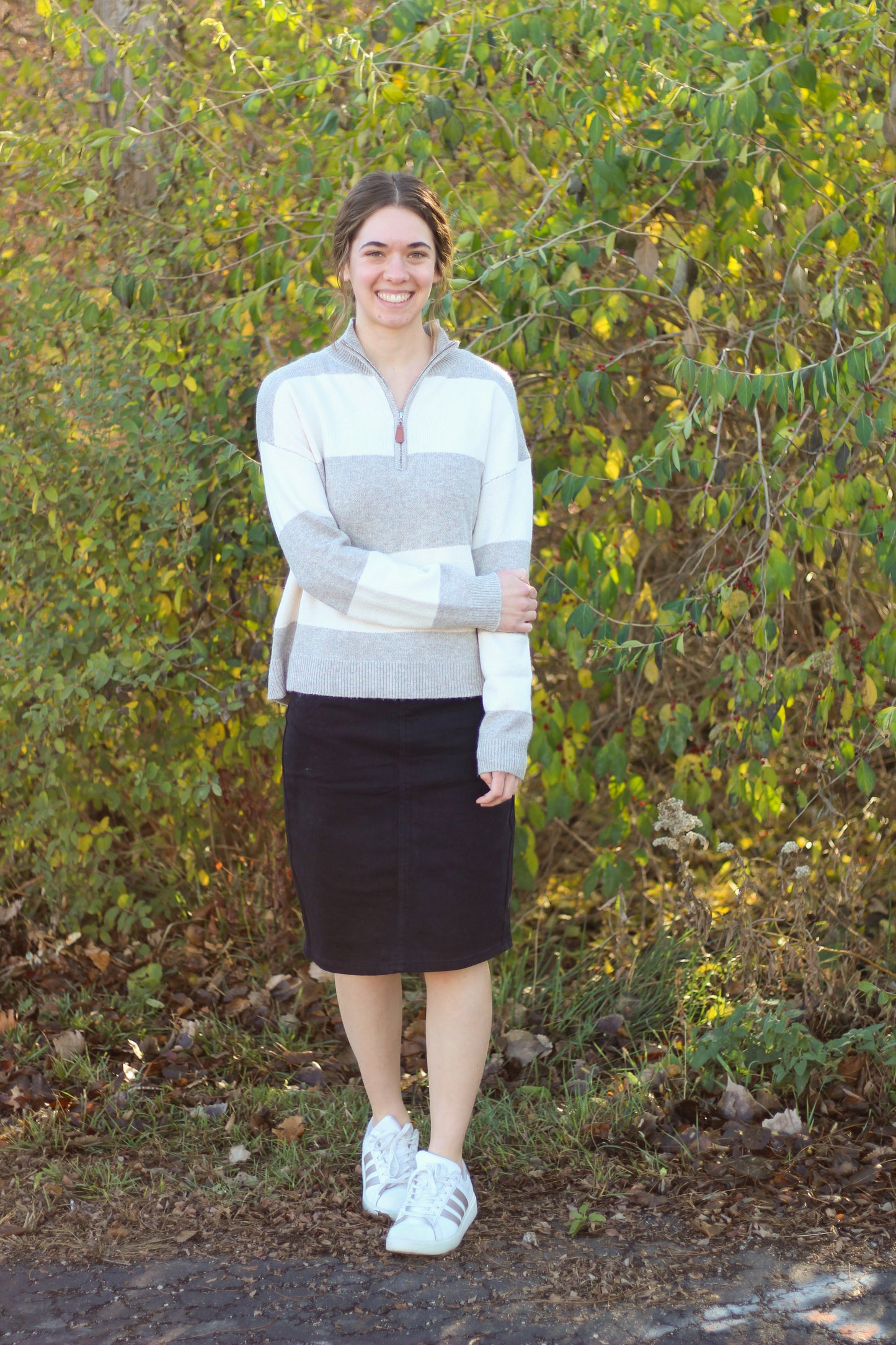 Striped Leather Tug Pullover Sweater