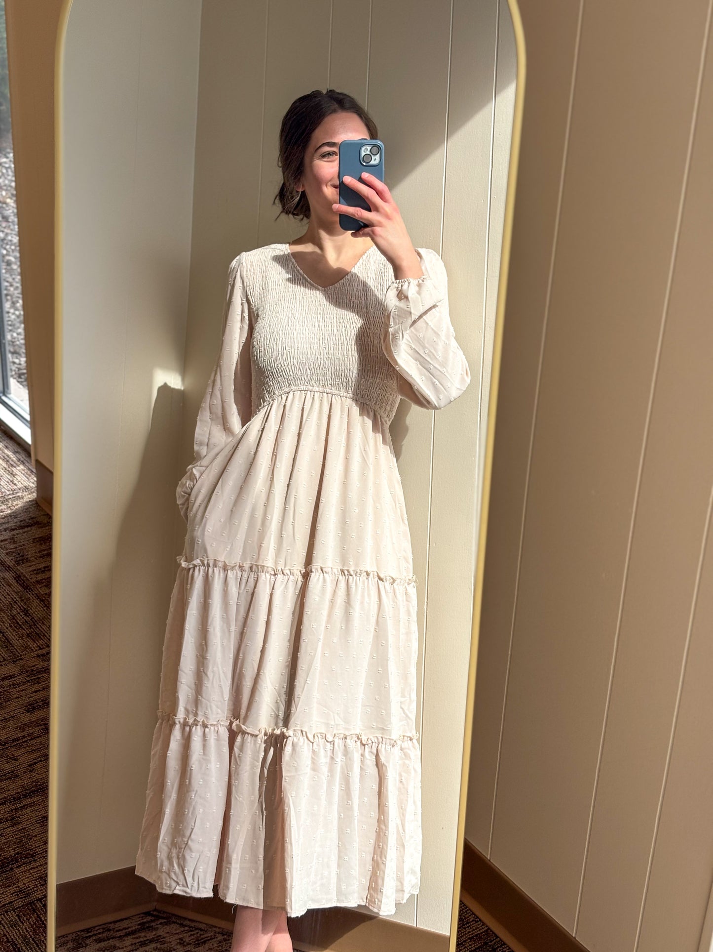 Cream Swiss Dot Smocked Maxi Dress