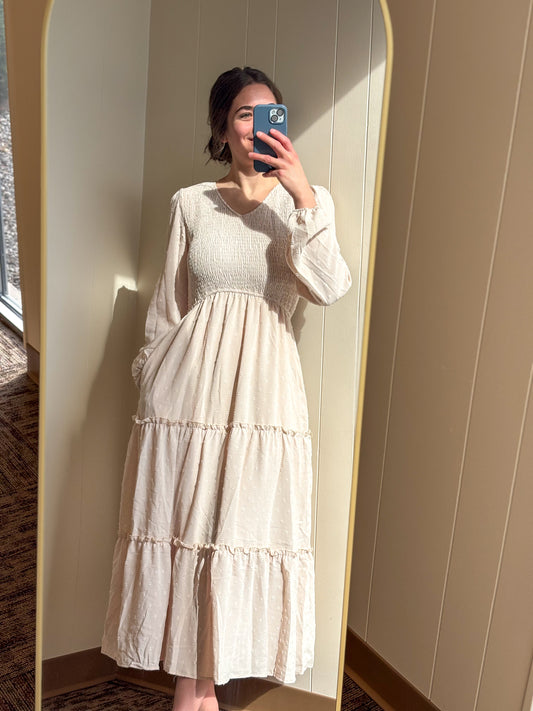 Cream Swiss Dot Smocked Maxi Dress