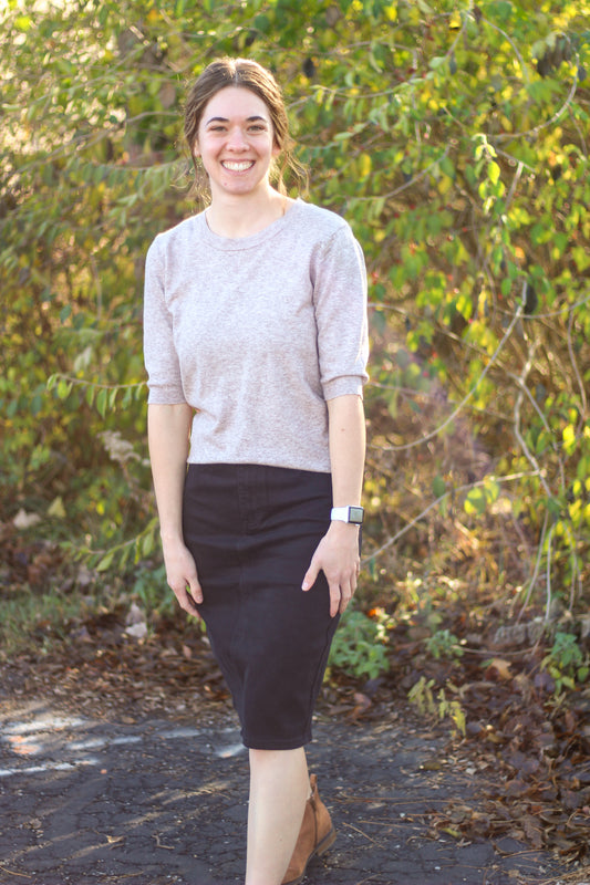 Solid Crewneck Short Sleeve Sweater- Taupe