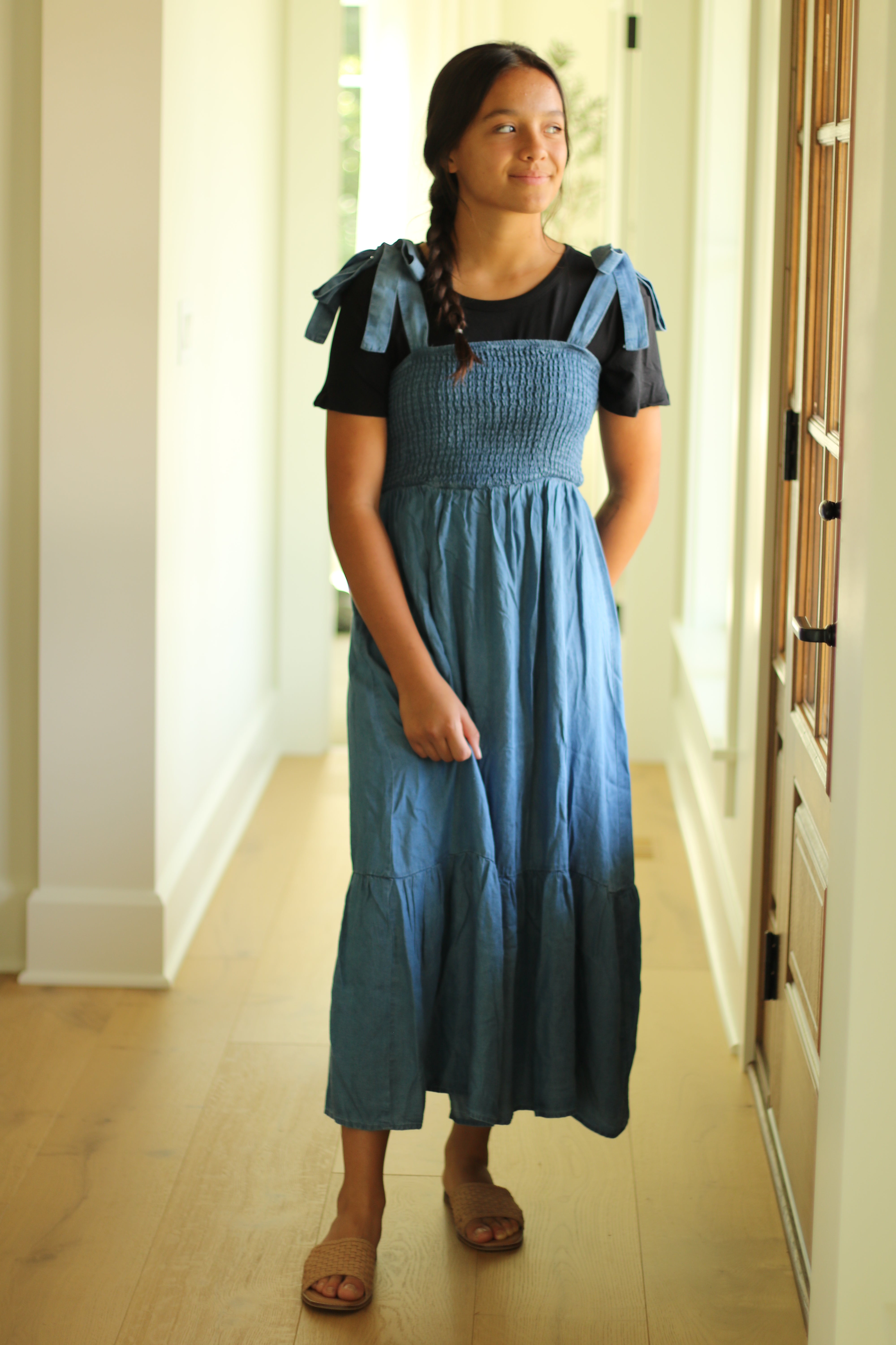 Smocked Chambray Midi Dress