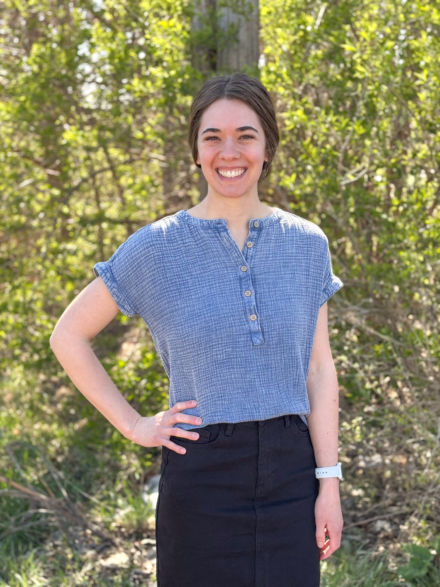 Washed Chambray Henley Top