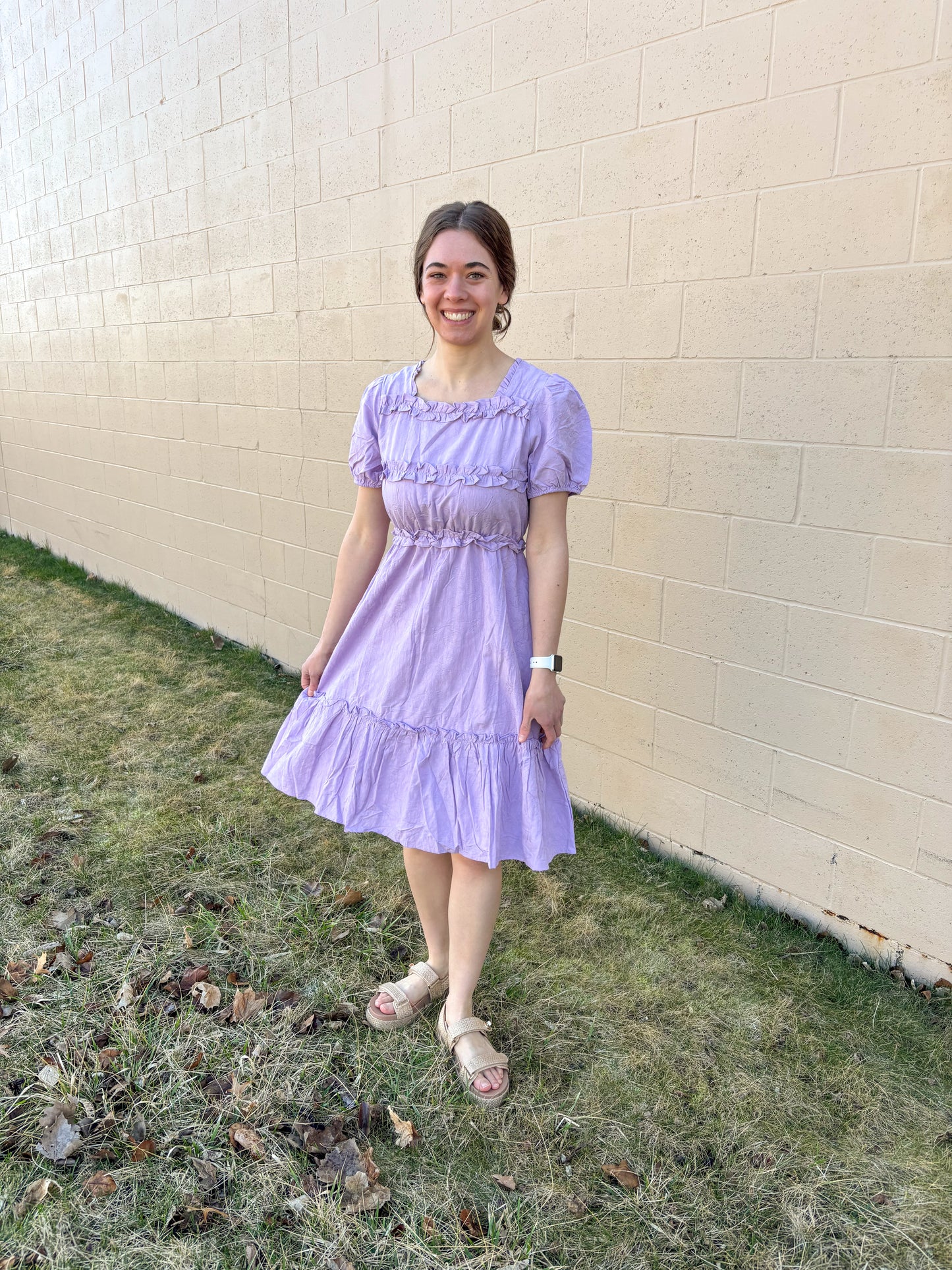Lavender Square Neck Ruffle Dress