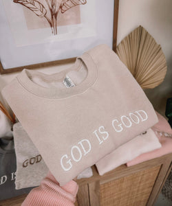 “God is Good” Embroidered Crewneck Sweatshirt *Dusty Pink
