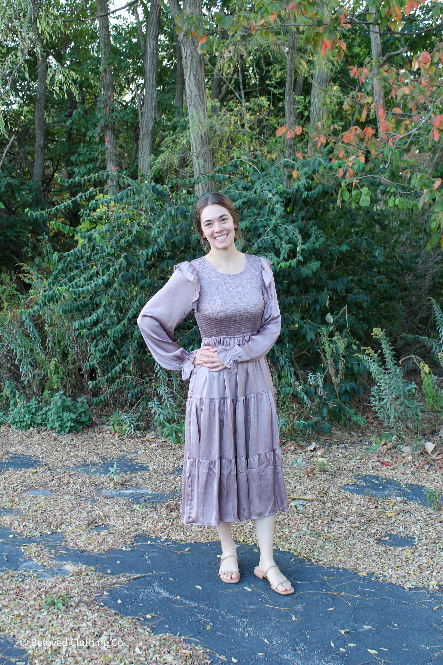 Smocked Satin Ruffle Midi Dress