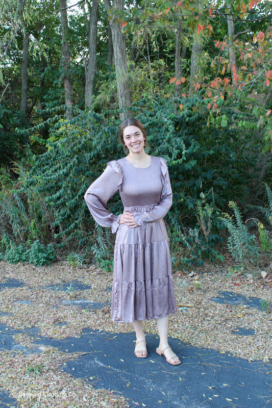 Smocked Satin Ruffle Midi Dress