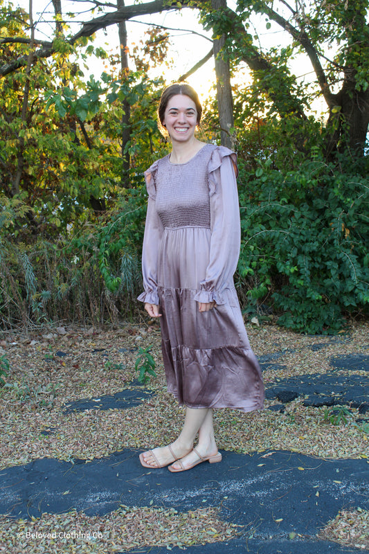 Smocked Satin Ruffle Midi Dress