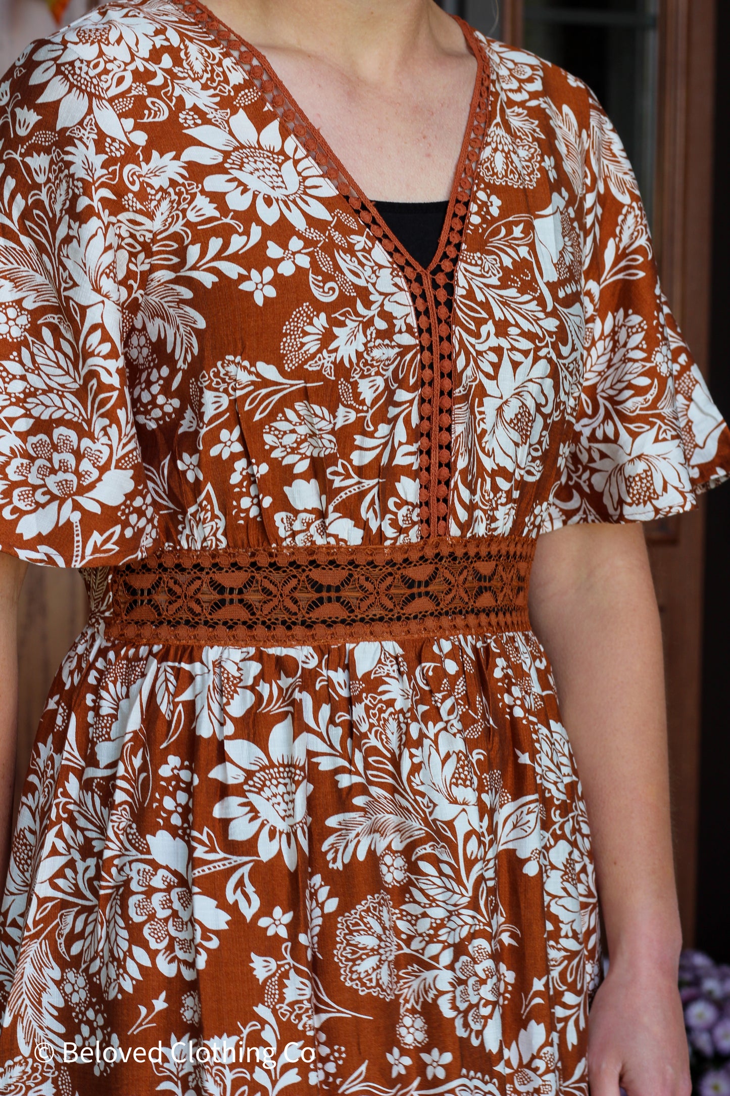 Rustic Floral Lace Trim Maxi Dress