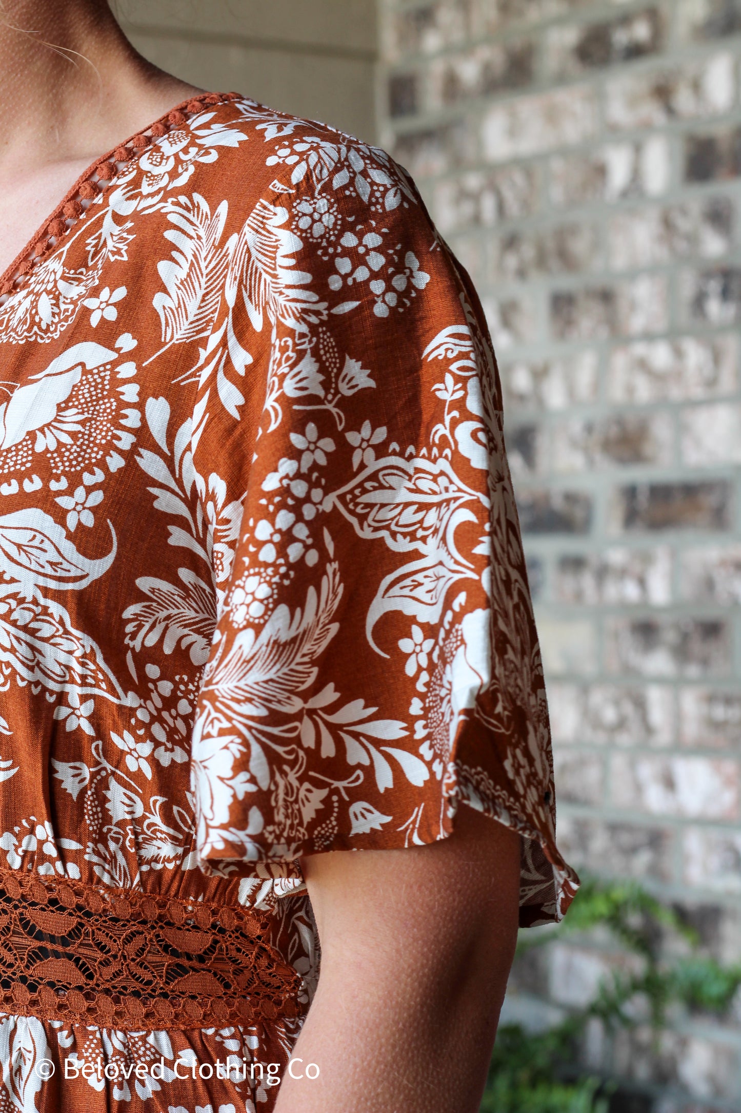 Rustic Floral Lace Trim Maxi Dress