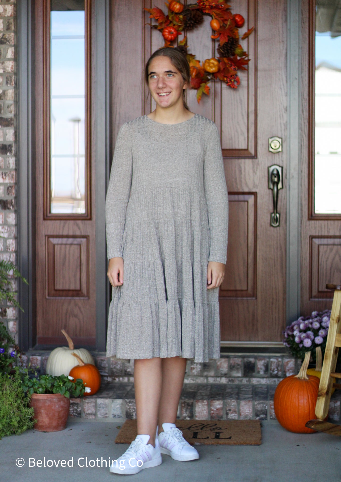 Ribbed Long Sleeve Sweater Tiered Midi Dress