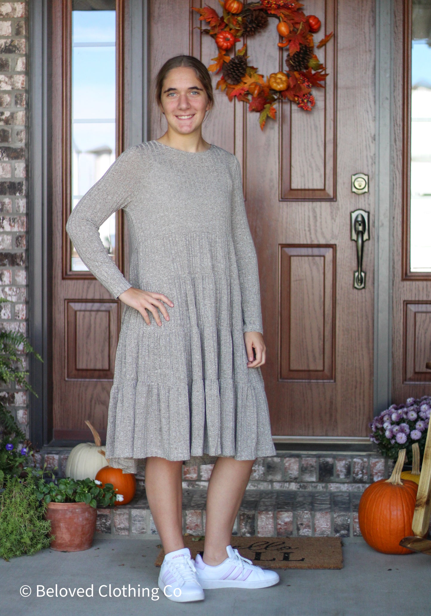 Ribbed Long Sleeve Sweater Tiered Midi Dress