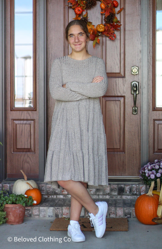 Ribbed Long Sleeve Sweater Tiered Midi Dress