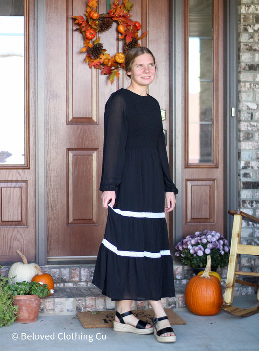 Black Tiered Lace Trim Midi Dress