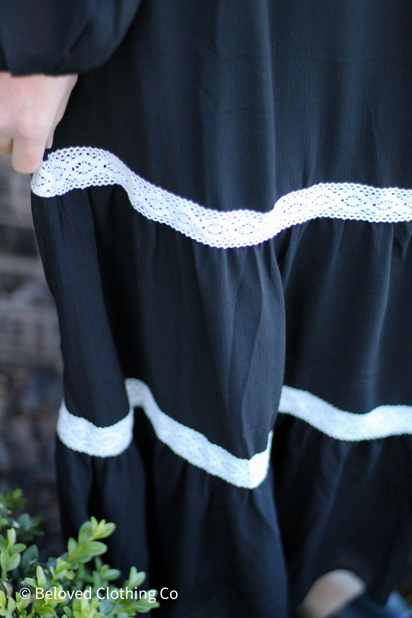 Black Tiered Lace Trim Midi Dress