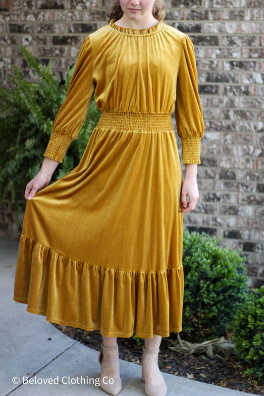 Mustard Velvet Midi Dress