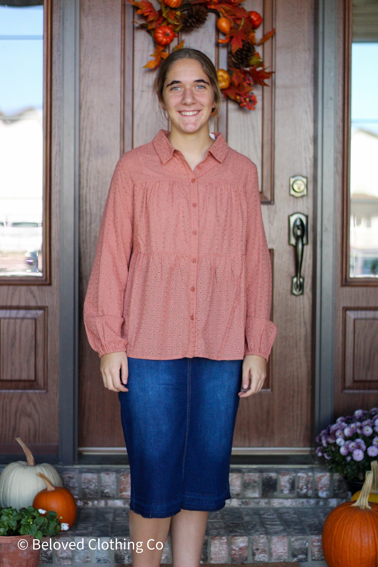 Rusted Peplum Eyelet Blouse