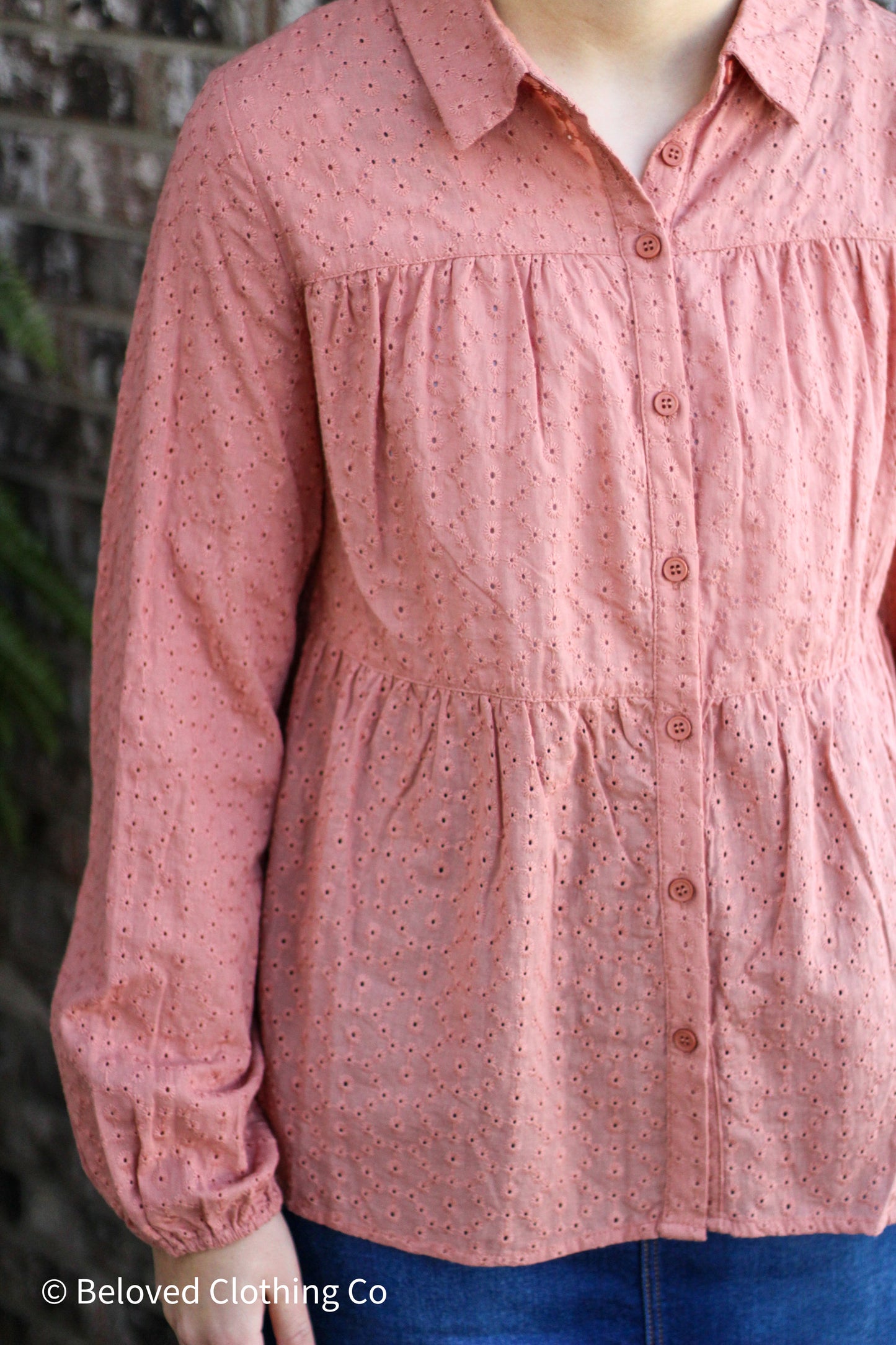 Rusted Peplum Eyelet Blouse