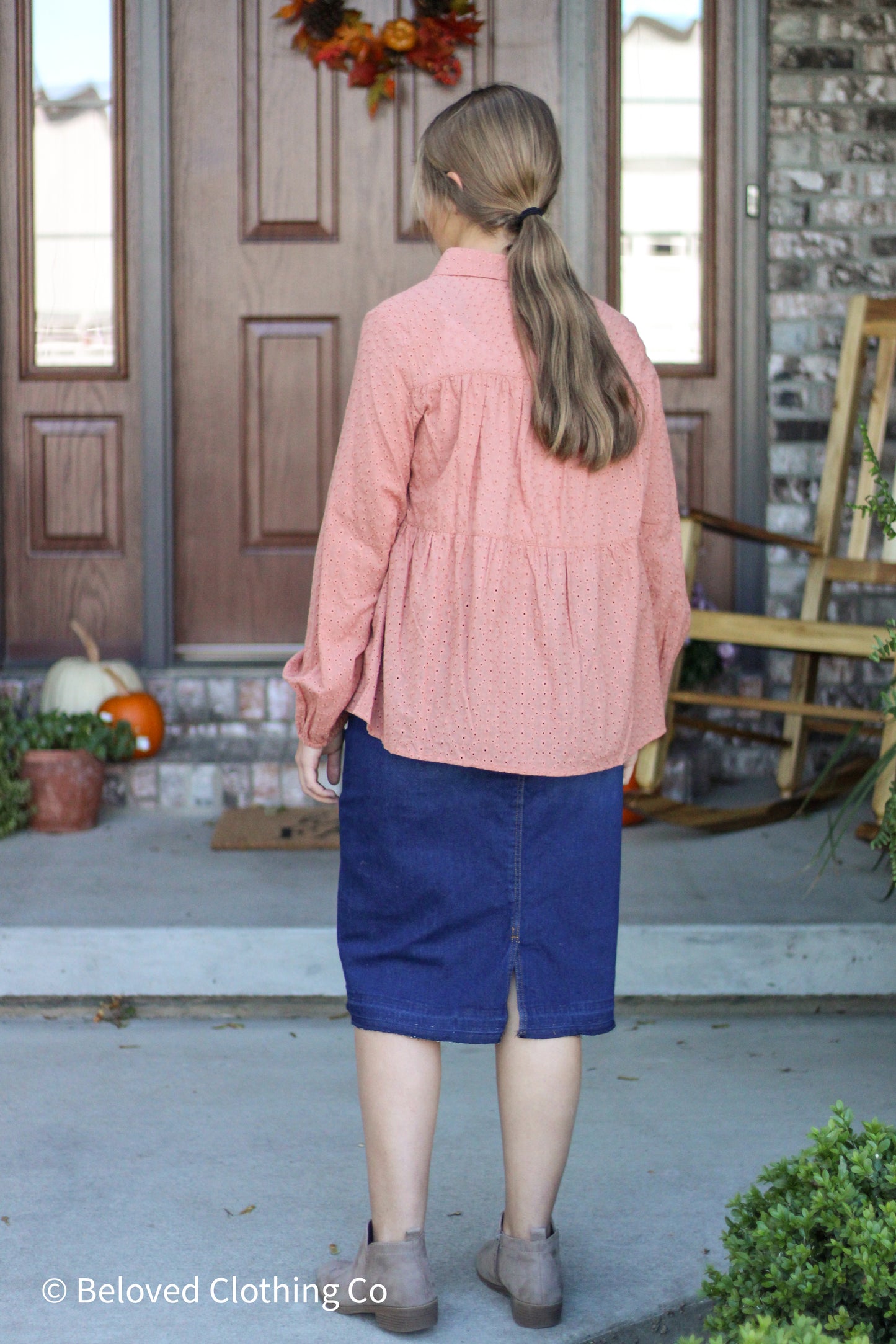 Rusted Peplum Eyelet Blouse