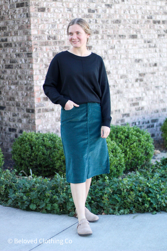 Spruce Green Velvet Denim Skirt