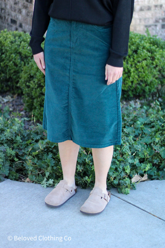 Spruce Green Velvet Denim Skirt