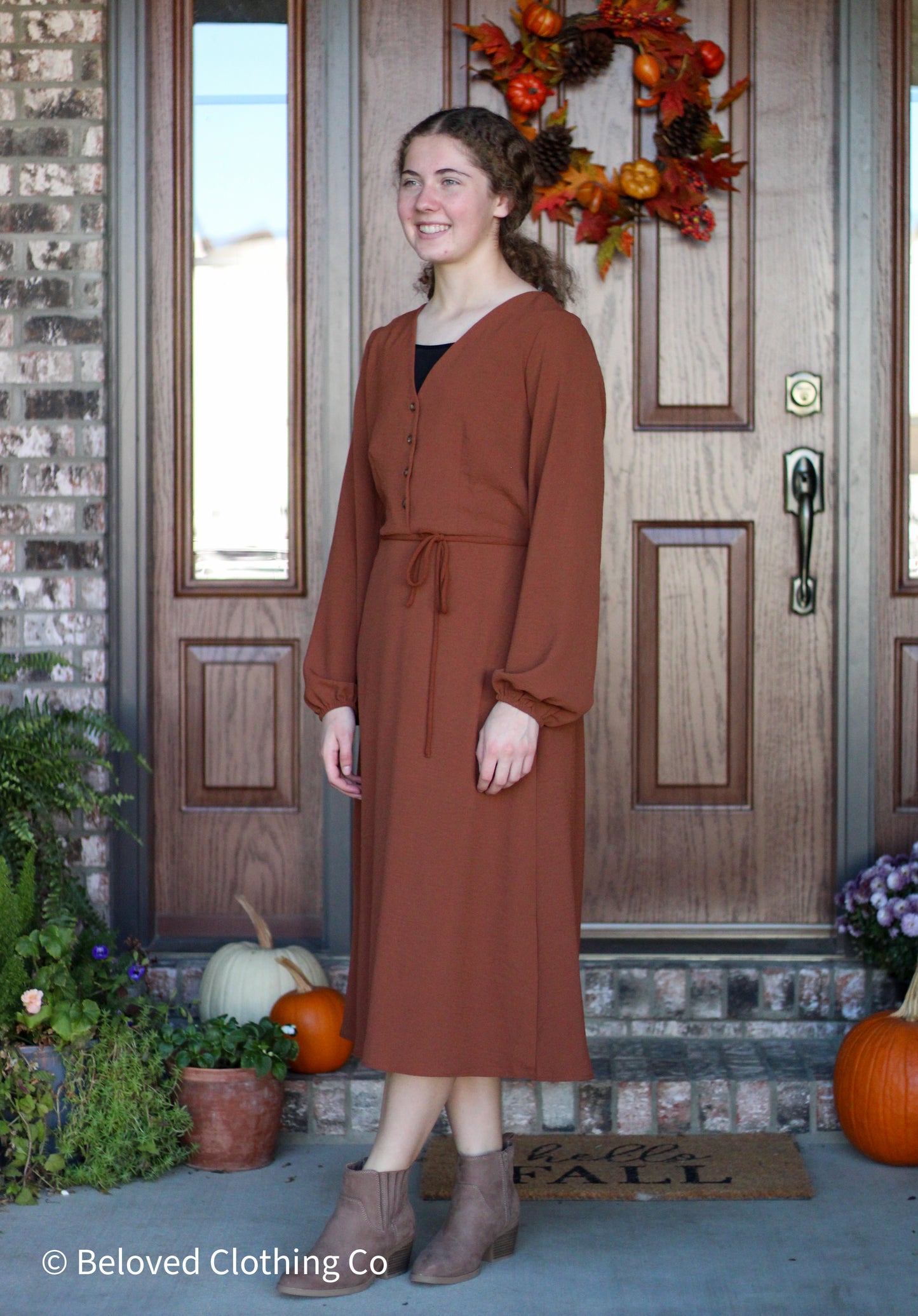 Canyon Clay Long Sleeve Button Front Midi Dress