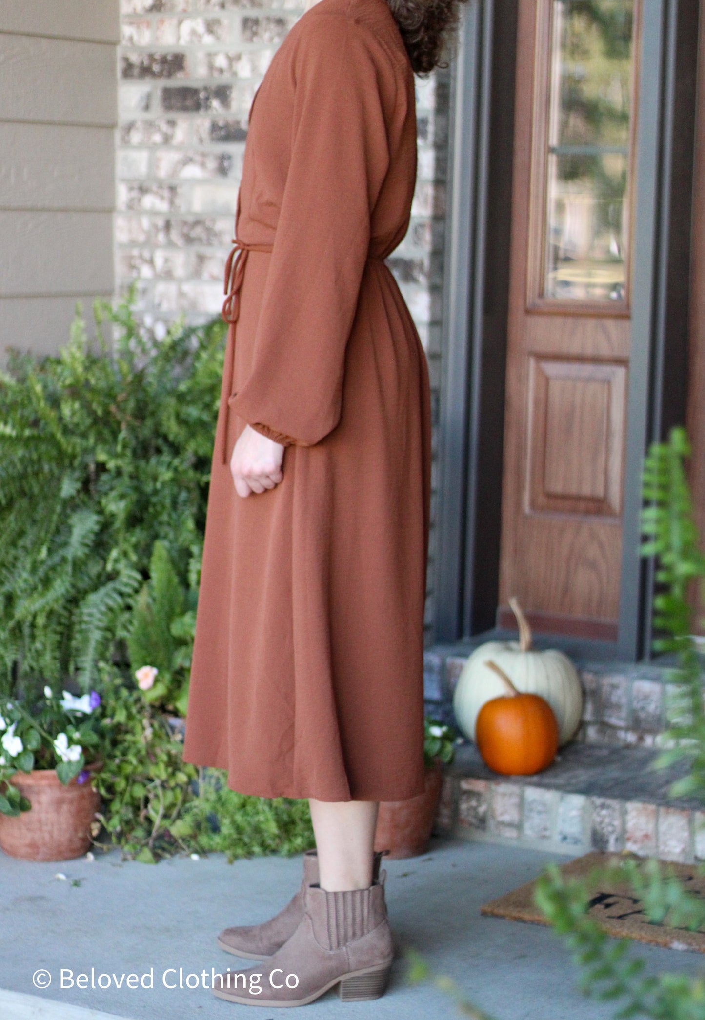 Canyon Clay Long Sleeve Button Front Midi Dress
