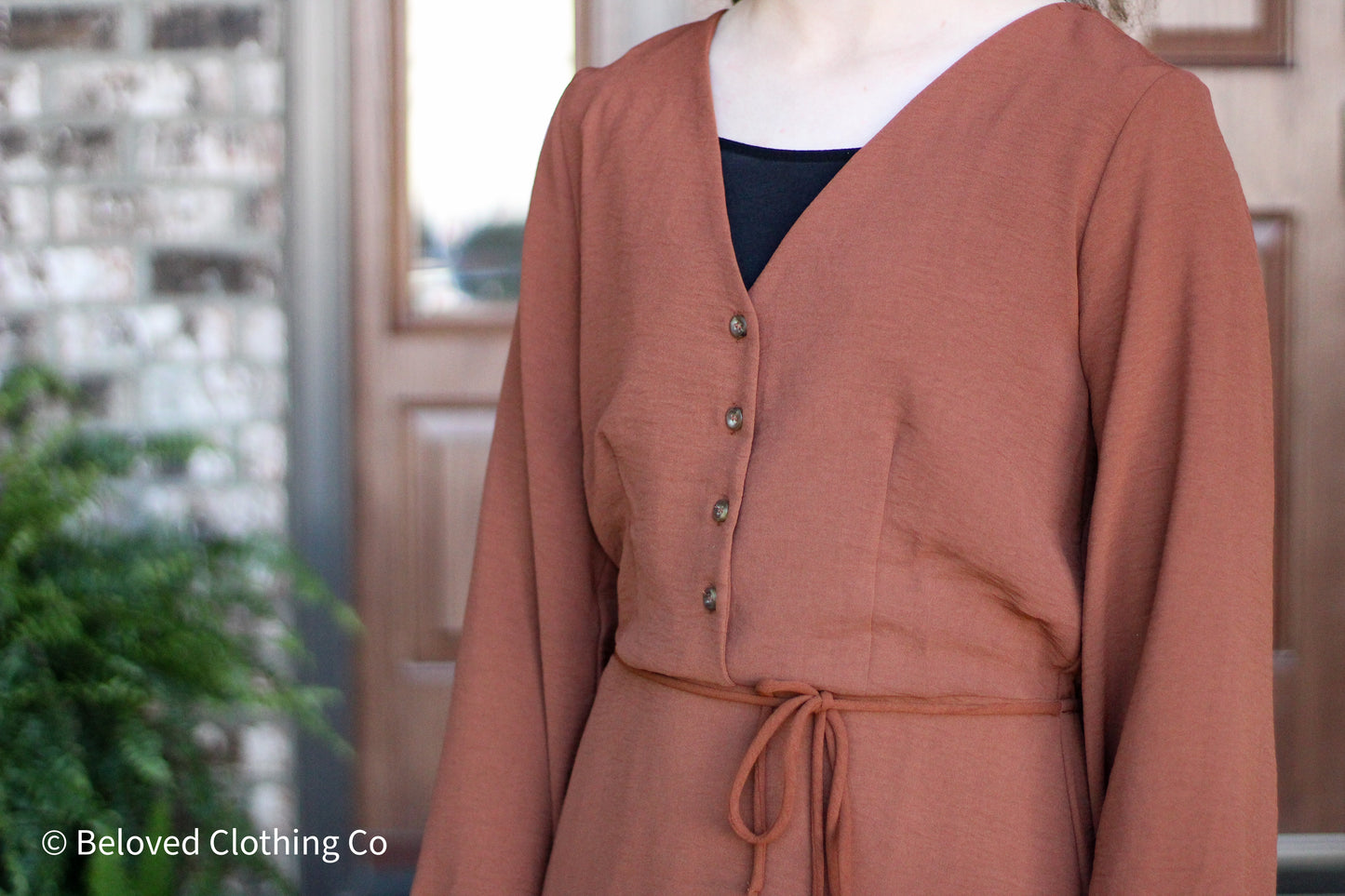 Canyon Clay Long Sleeve Button Front Midi Dress