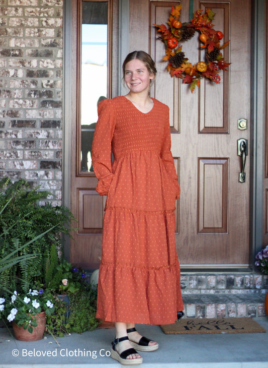 Pumpkin Swiss Dot Maxi Dress