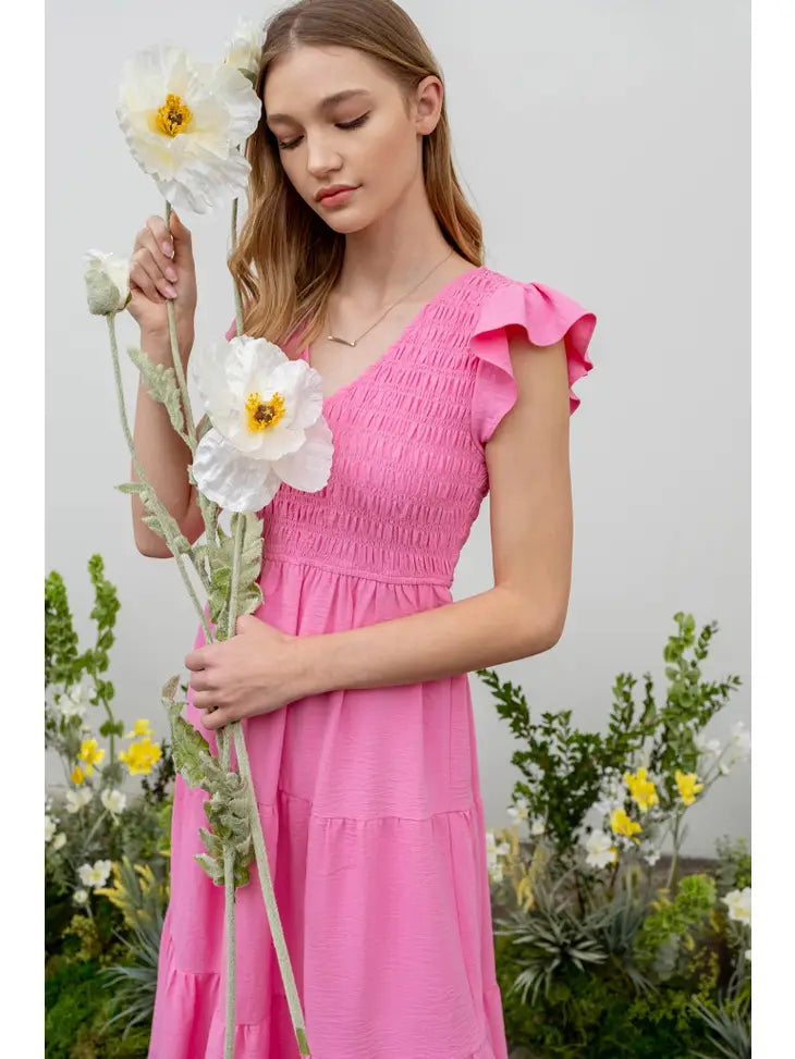Pink Flutter Sleeve Midi Dress