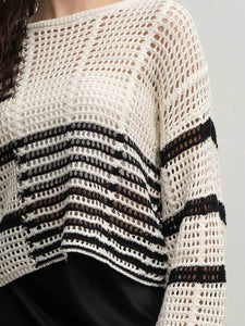 Stripe Colorblock Crochet Sheer Knit Sweater