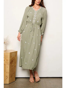 Long Sleeve V-Neck Button Up Embroidery Maxi Dress