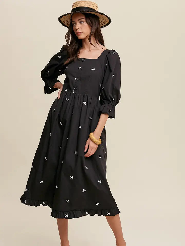 Ribbon Embroidered Square Neck Maxi Dress