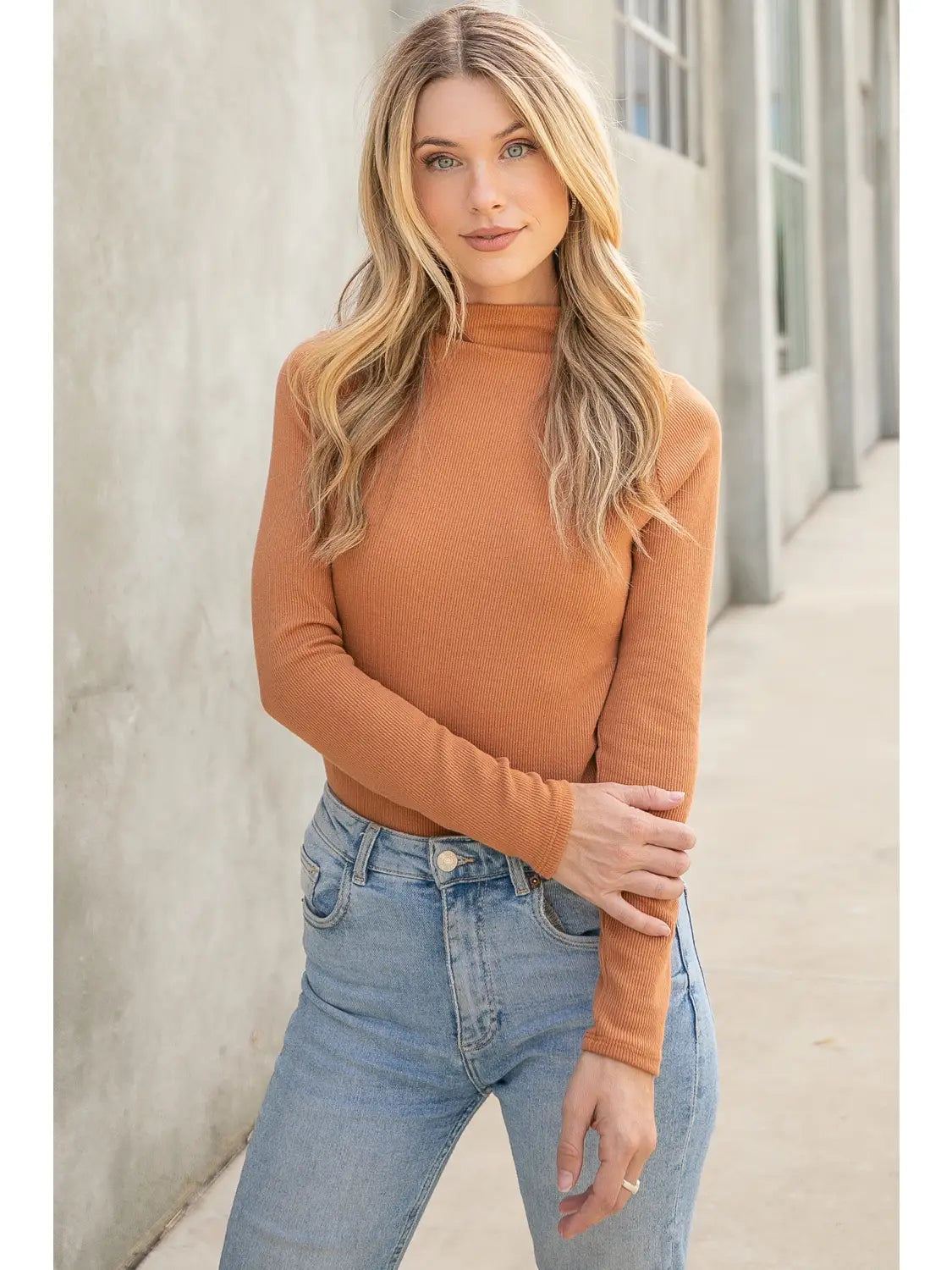 Golden Solid Ribbed Turtle Neck Top